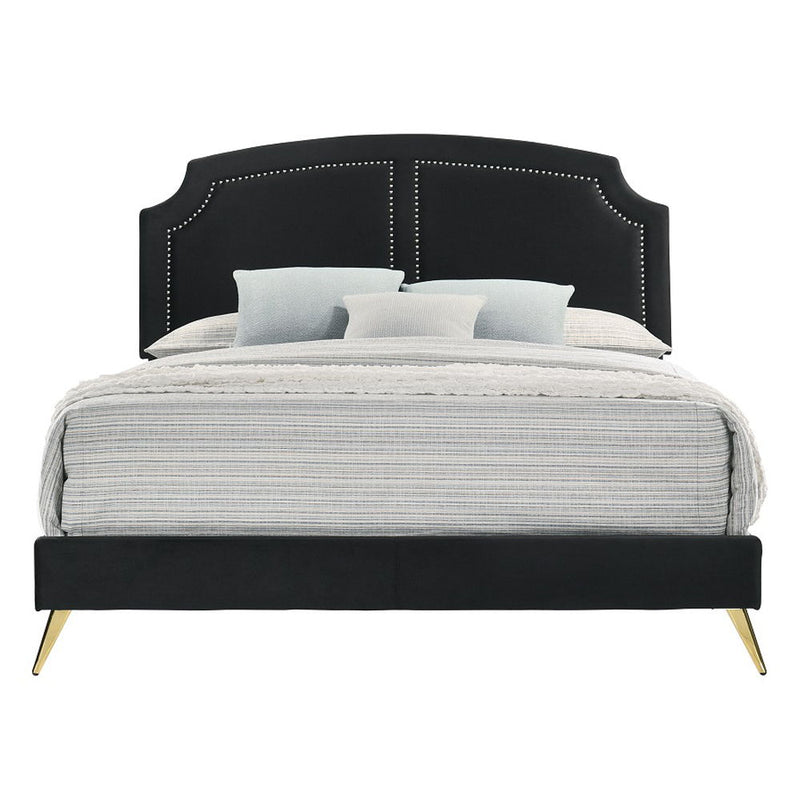 Zeena upholstered bed by ACME featuring a padded headboard and plush fabric in a modern bedroom setting.