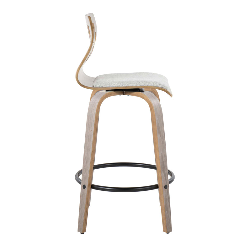 Set of two Lumi Source Folia contemporary light gray fixed height counter stools with swivel, round footrest, and modern design.