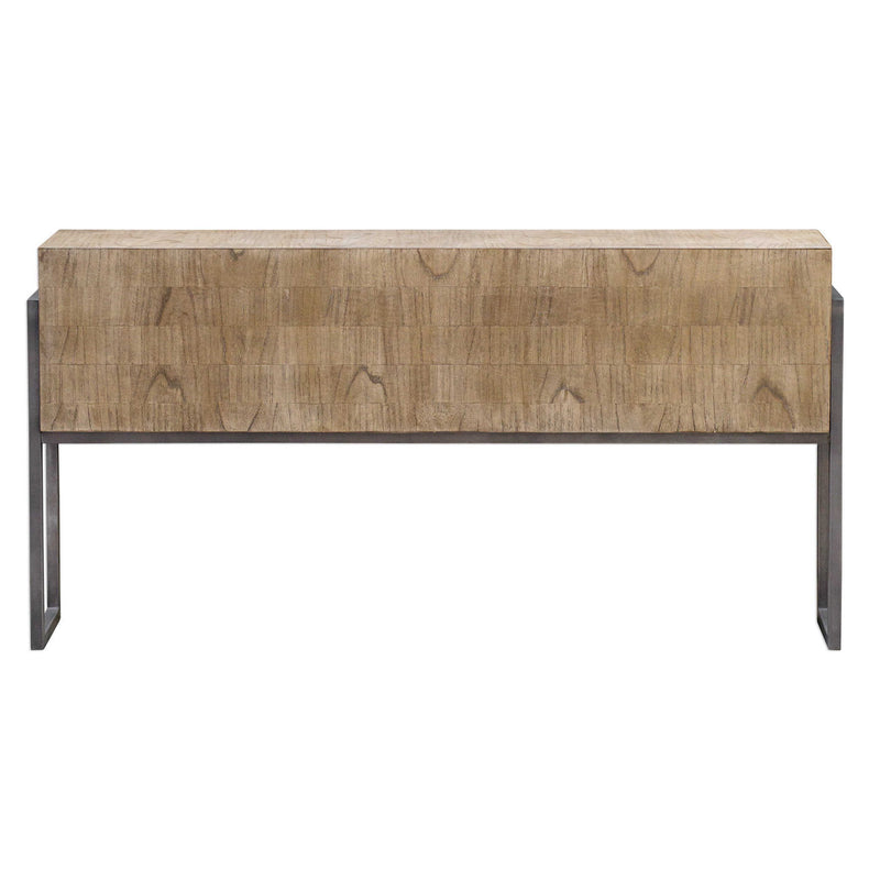 Contemporary Nevis console table by Uttermost with light brown finish and sleek modern design, displayed in a stylish home setting.