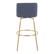 Set of two Lumi Source Toriano contemporary fixed height barstools with swivel seats and round footrests, shown from side view.