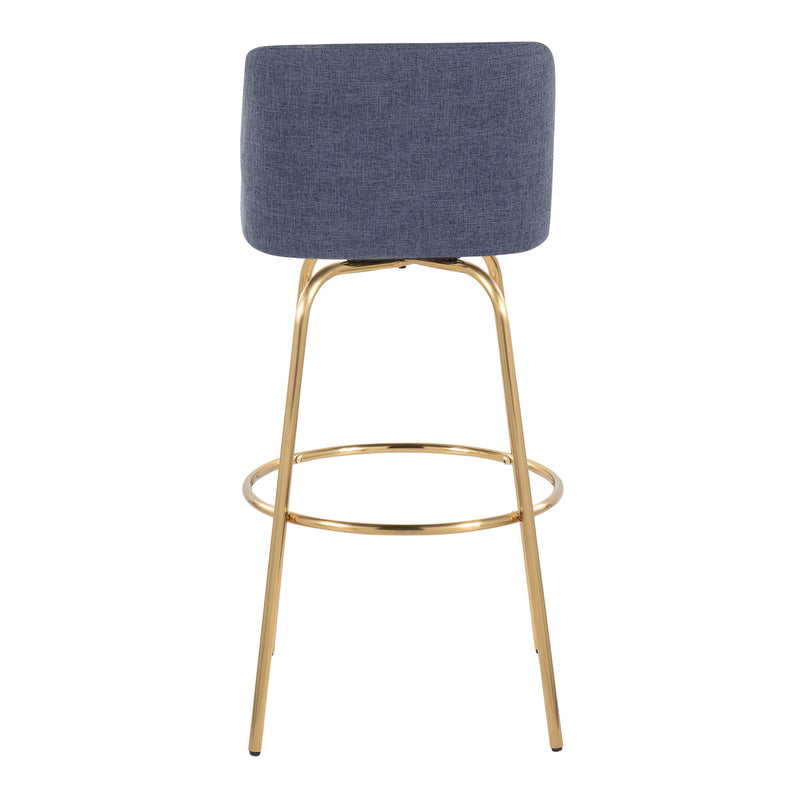Set of two Lumi Source Toriano contemporary fixed height barstools with swivel seats and round footrests, shown from side view.