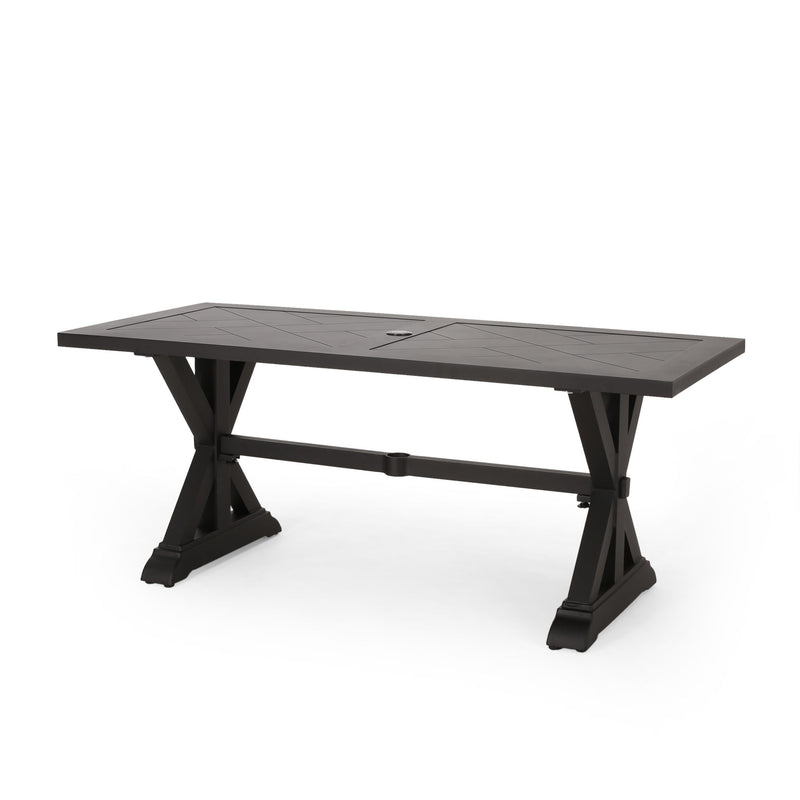 Modern outdoor dining table with X-shaped legs and umbrella hole by Noble House, perfect for patio gatherings
