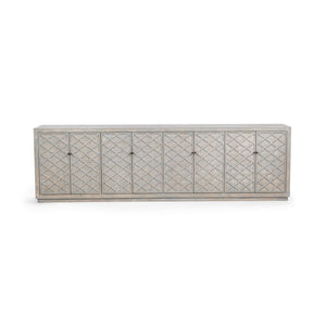 Blue washed Malibu 8-door cabinet buffet by Classic Home showcasing its spacious storage and antique-inspired design.