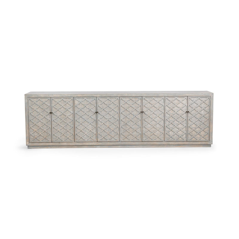 Blue washed Malibu 8-door cabinet buffet by Classic Home showcasing its spacious storage and antique-inspired design.