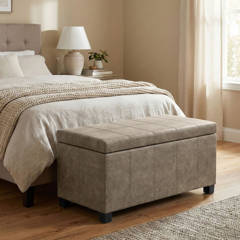 Simpli-Home Dover storage ottoman in smoky brown leather with lift-up lid and hidden storage compartment.