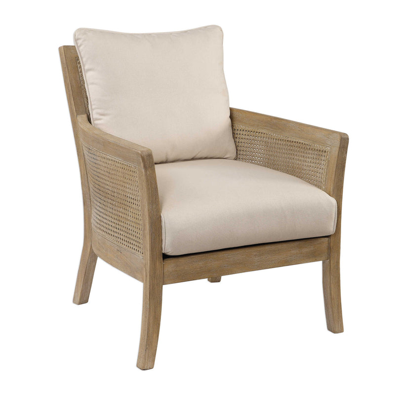Uttermost Encore natural armchair with white upholstery and wooden legs, showcasing elegant, modern design for living room decor.