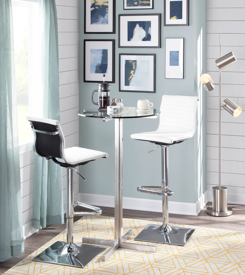 Lumi Source Masters contemporary adjustable barstool with swivel, bar height (28-30 inches), featuring a modern design and cushioned seat.