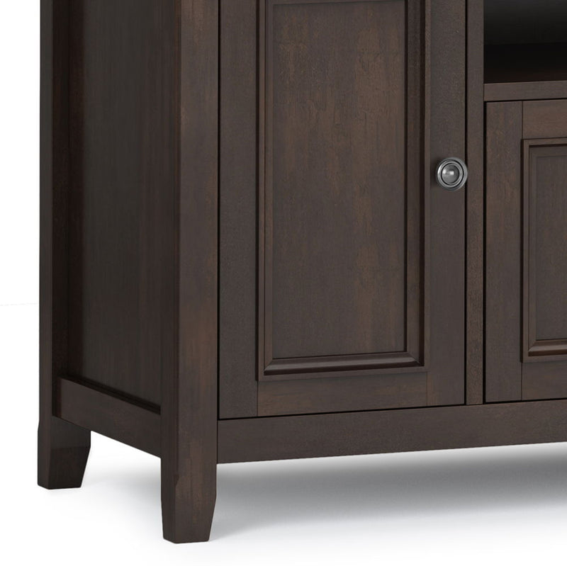 Simpli-Home Amherst wide TV media stand with open shelves and storage compartments, crafted in dark wood finish.