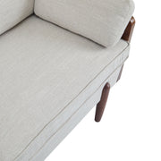 Noble House mid-century modern sofa with wood sides, stationary design, featuring sleek upholstery and clean lines.