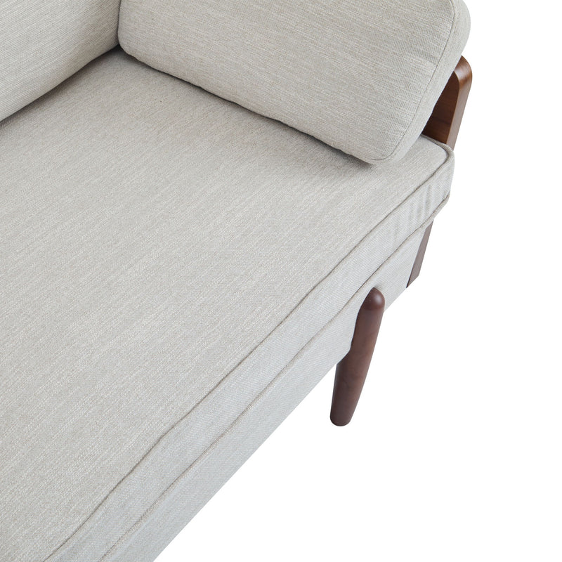 Noble House mid-century modern sofa with wood sides, stationary design, featuring sleek upholstery and clean lines.