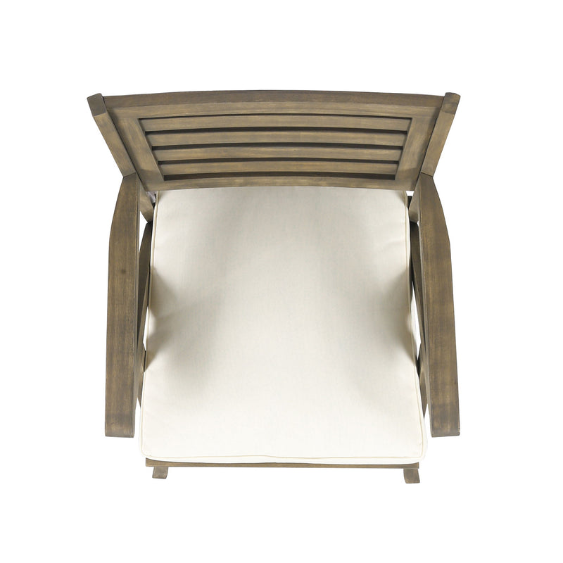 Set of two Noble House Helen outdoor dining chairs with gray and creme acacia wood, featuring a stylish and comfortable design.