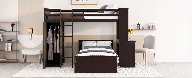 DreamHaus loft bed with standalone bed, shelves, desk, and wardrobe, showcasing a modern multi-functional bedroom setup.