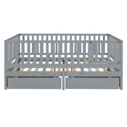 DreamHaus storage daybed with fence guardrails, two drawers, convertible into separate floor bed and daybed, in a modern bedroom setting.