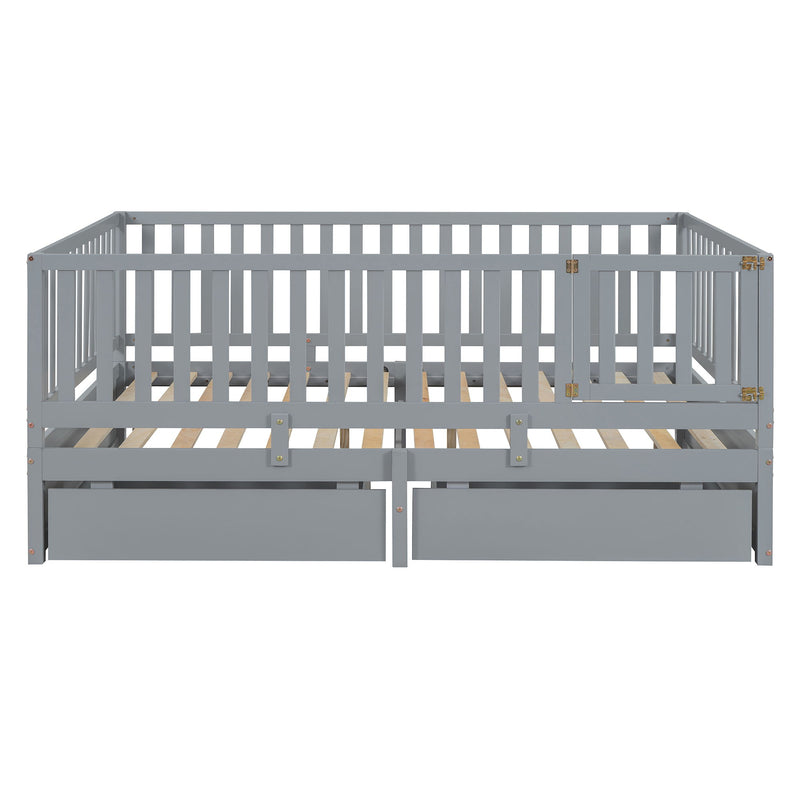 DreamHaus storage daybed with fence guardrails, two drawers, convertible into separate floor bed and daybed, in a modern bedroom setting.