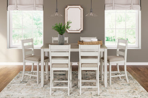 Skempton - Counter Height Dining Table and Bar Stools (Set of 7) - White / Light Brown - R&R Furniture Gallery (Fountain Valley, CA)