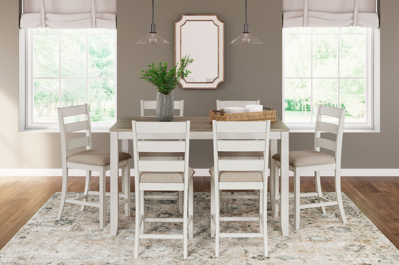 Skempton - Counter Height Dining Table and Bar Stools (Set of 7) - White / Light Brown - R&R Furniture Gallery (Fountain Valley, CA)