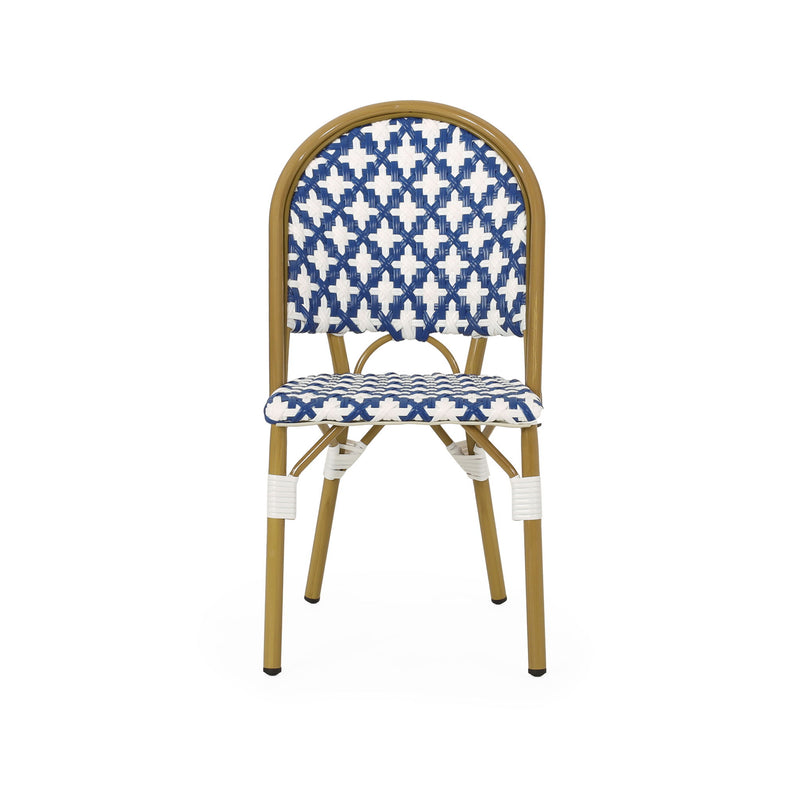 Noble House French bistro chair with durable rattan seat and sleek aluminum frame, armless design, perfect for indoor or outdoor dining.