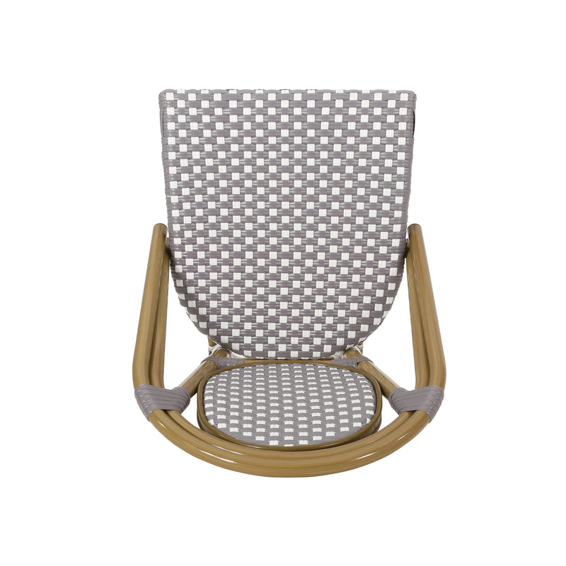 Outdoor rattan and aluminum French bistro chair set by Noble House, featuring woven rattan seats and sleek metal frames.