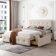 DreamHaus upholstered platform bed with classic headboard and built-in storage drawers, no box spring needed, in a stylish fabric finish.