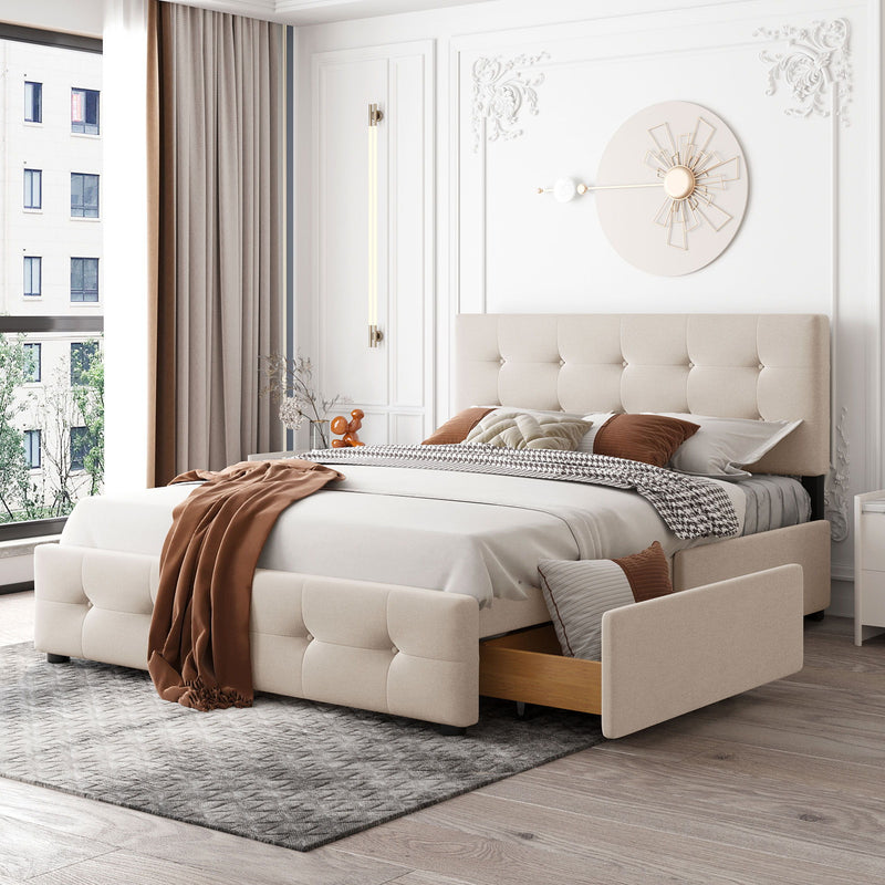 DreamHaus upholstered platform bed with classic headboard and built-in storage drawers, no box spring needed, in a stylish fabric finish.