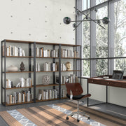 Rustic natural aged brown Simpli-Home Ralston bookcase with multiple open shelves, ideal for displaying books and decor.