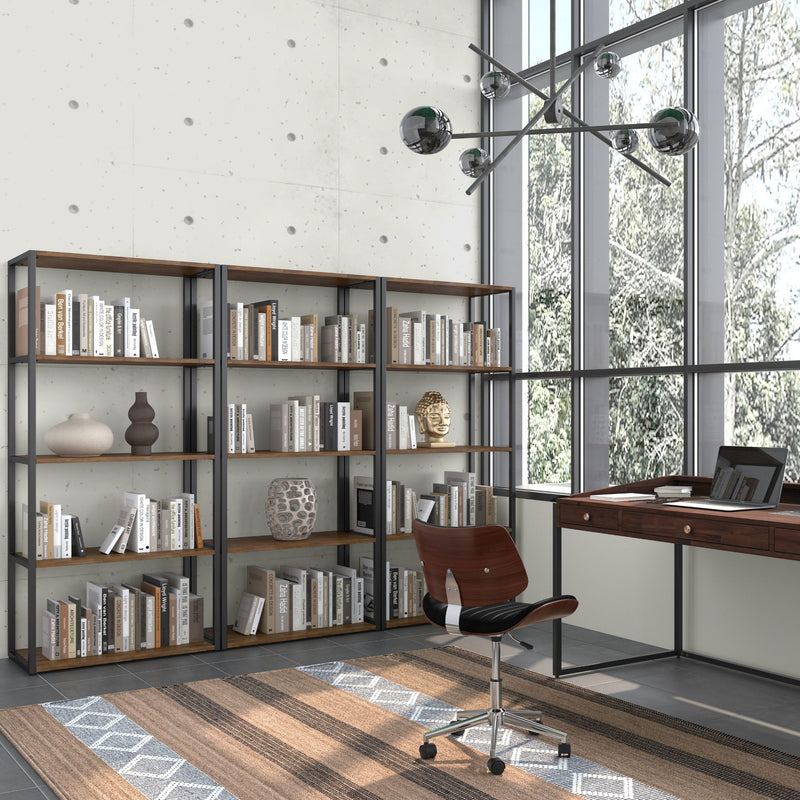 Rustic natural aged brown Simpli-Home Ralston bookcase with multiple open shelves, ideal for displaying books and decor.