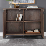 Uttermost Evros reclaimed wood 2-door accent cabinet in dark brown with rustic finish and modern design.