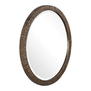 Uttermost Wayde Bark Round Wall Mirror with Gold finish, showcasing a textured, natural bark-inspired design for modern decor.