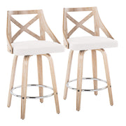 Lumi Source Charlotte farmhouse counter stool set with swivel, round footrest, fixed height, featuring natural wood finish and cushioned seats