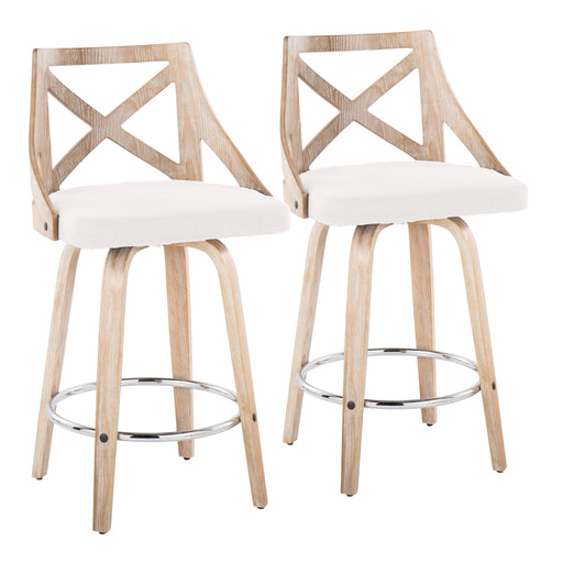 Lumi Source Charlotte farmhouse counter stool set with swivel, round footrest, fixed height, featuring natural wood finish and cushioned seats