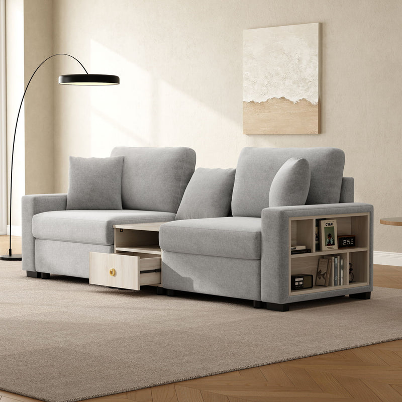 Noble House modular sofa with storage armrest and center console, featuring plush cushions and contemporary design.