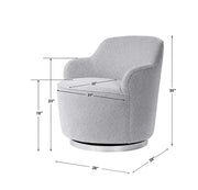 Uttermost Hobart gray casual swivel chair with cushioned seat, modern design, and rounded base visible in the image.