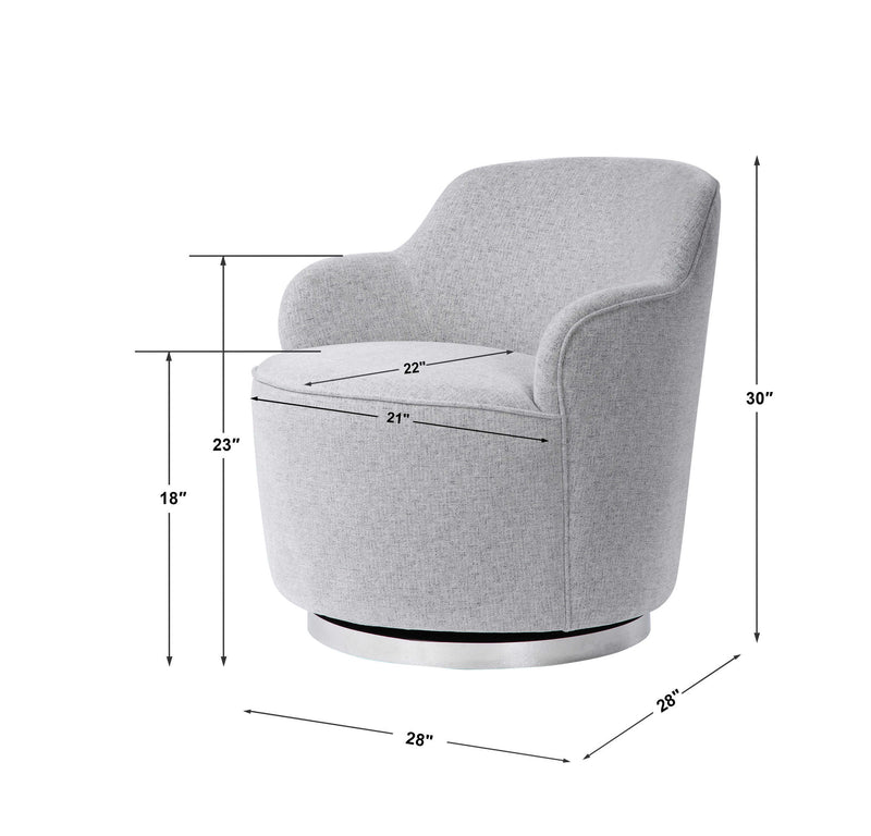 Uttermost Hobart gray casual swivel chair with cushioned seat, modern design, and rounded base visible in the image.