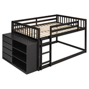 DreamHaus bunk bed with built-in four drawers and three shelves, featuring a sturdy wooden frame and space-saving design.