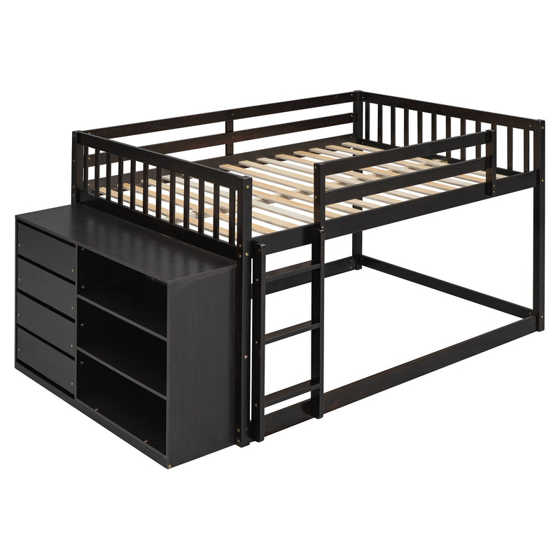 DreamHaus bunk bed with built-in four drawers and three shelves, featuring a sturdy wooden frame and space-saving design.