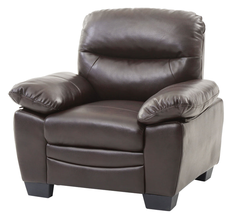 Glory Furniture Marta armchair with cushioned seat and backrest, stylish wooden legs, in a cozy living room setting.