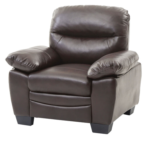 Glory Furniture Marta armchair with cushioned seat and backrest, stylish wooden legs, in a cozy living room setting.
