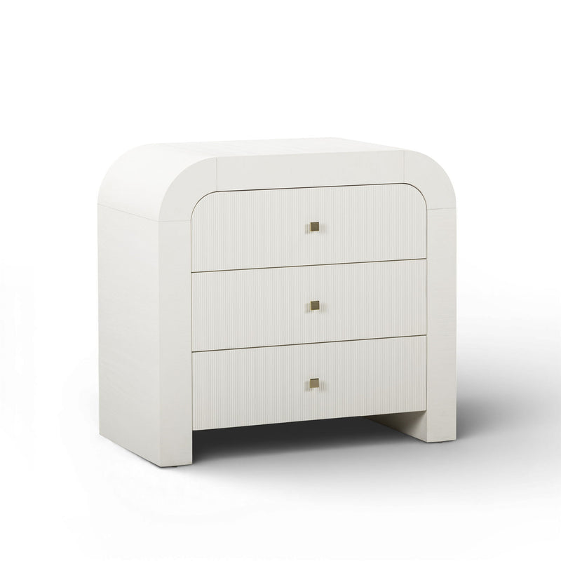 TOV Furniture Hump bedside chest with wooden finish and metal handle, featuring drawers for bedroom storage.