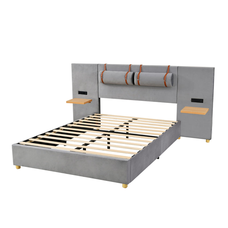 Upholstered Platform Bed, 2 Outlets And USB Charging Ports On Both Sides, 2 Bedside Pillows, Storage Shelves - R&R Furniture Gallery (Fountain Valley, CA)