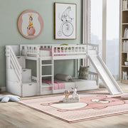 DreamHaus twin over twin stairway bunk bed with two drawers and slide, featuring sturdy wood construction and safety railings.
