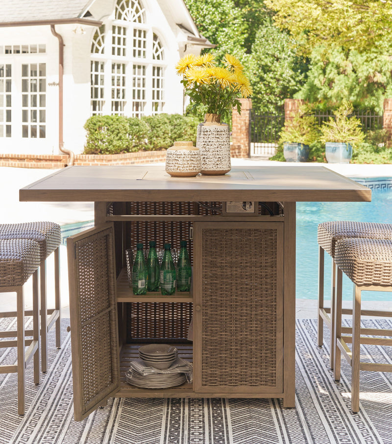 Walton Bridge - 5 Pc. - Square Bar Table W/Fire Pit, 4 Barstools - Driftwood - R&R Furniture Gallery (Fountain Valley, CA)