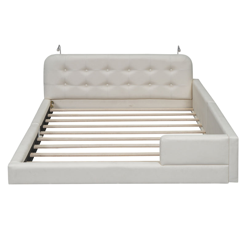 Queen Size Upholstered Platform Bed With 2 Reading Lights - White - R&R Furniture Gallery (Fountain Valley, CA)