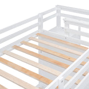White DreamHaus twin over twin bunk bed with staircase and trundle, featuring sturdy wood construction and safe design for kids' bedrooms.