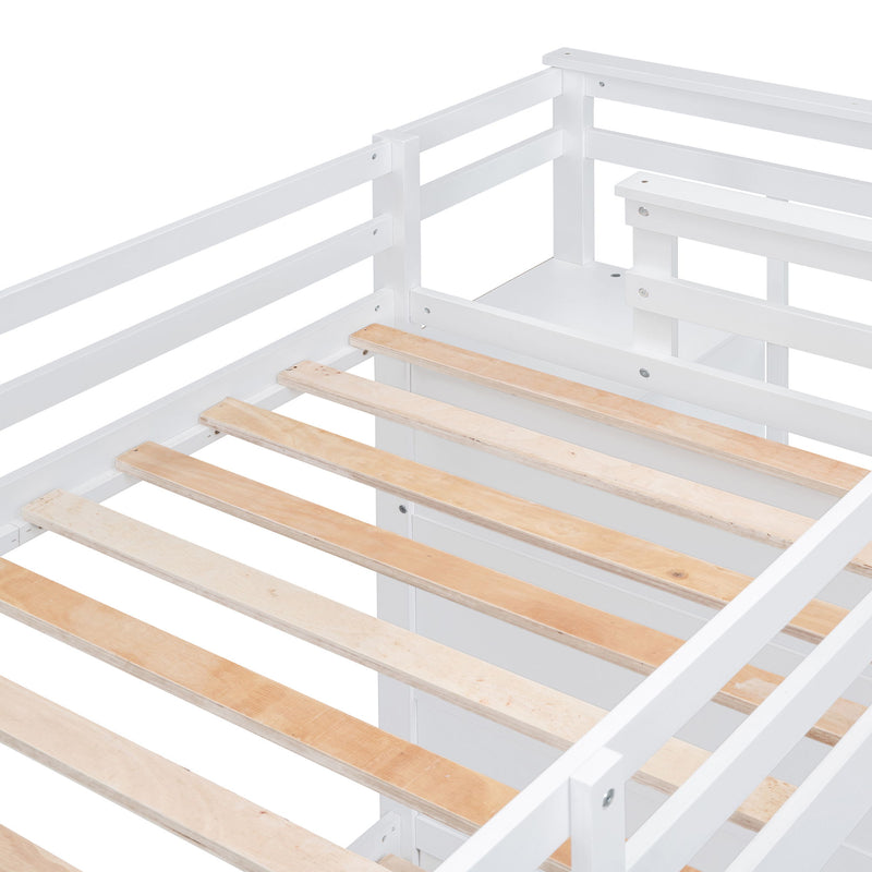 White DreamHaus twin over twin bunk bed with staircase and trundle, featuring sturdy wood construction and safe design for kids' bedrooms.