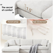 Luxe & Co. modern L-shaped cloud sectional sofa with oversized chaise, four seats, and two decorative pillows in a stylish living room setting.