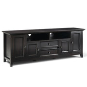 Handcrafted Amherst wide TV media stand by Simpli-Home showing wooden finish, multiple shelves, and spacious storage for media devices.