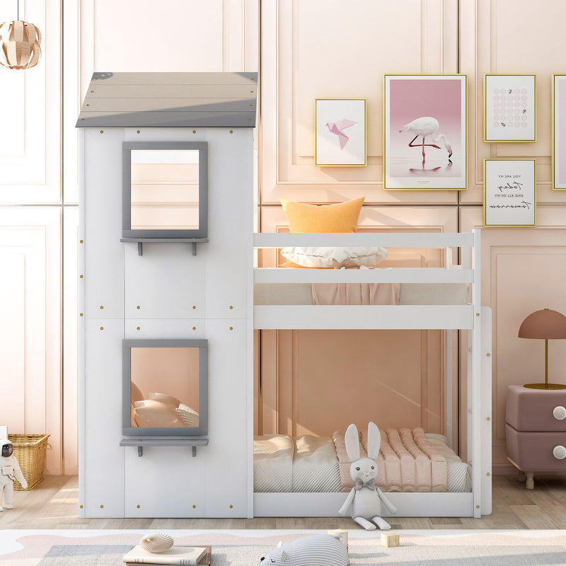 DreamHaus wooden bunk bed with roof, window, guardrail, and ladder, featuring a cozy, multi-level design for children.