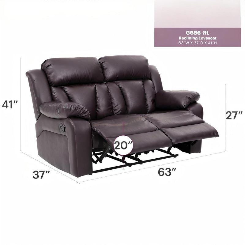 Glory Furniture Daria cozy padded reclining love seat with plush cushions and armrests for relaxation.