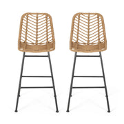 Noble House Sawtelle outdoor wicker barstools set of 2 with metal frames and woven wicker seats for patio or outdoor bar area.