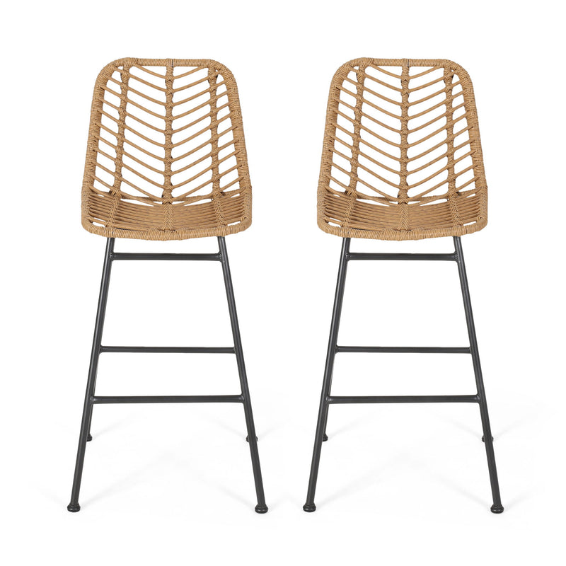Noble House Sawtelle outdoor wicker barstools set of 2 with metal frames and woven wicker seats for patio or outdoor bar area.